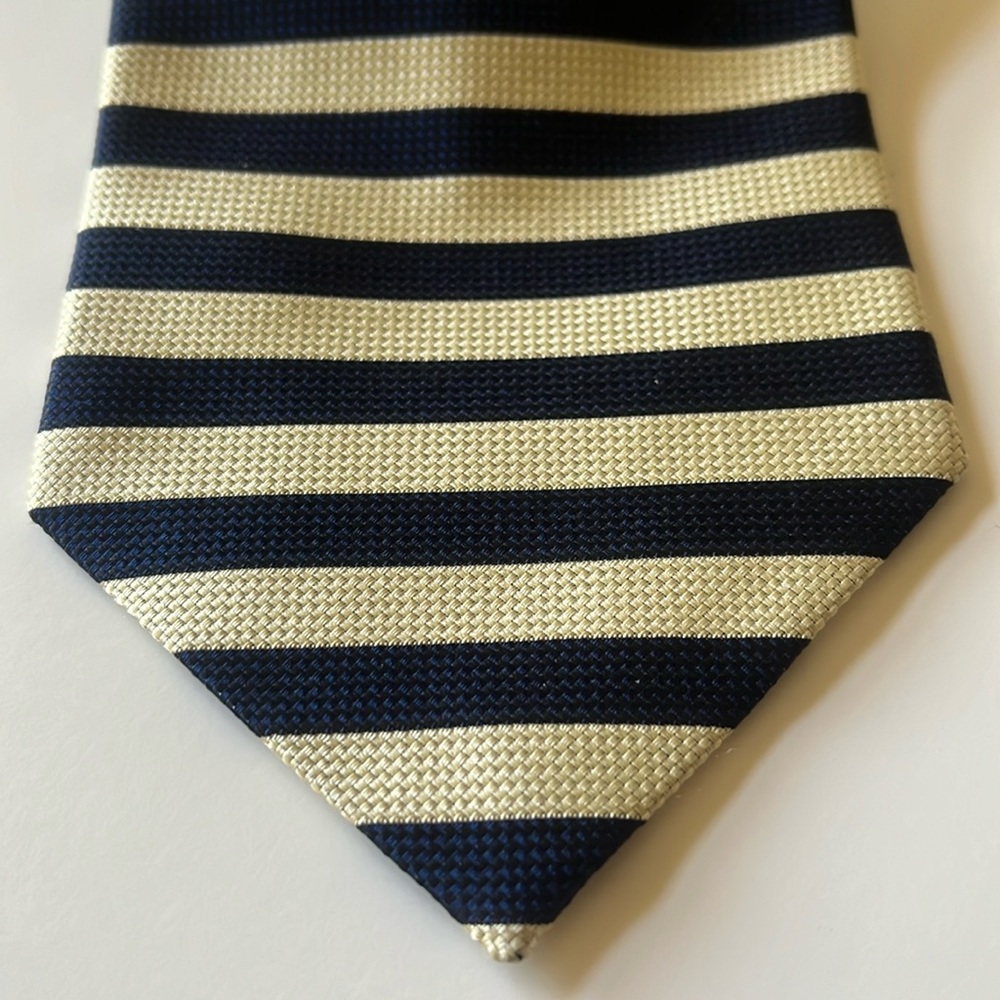 H. Stockton Atlanta Blue & Gold Striped Italian Silk Tie Made by M. Pendleton